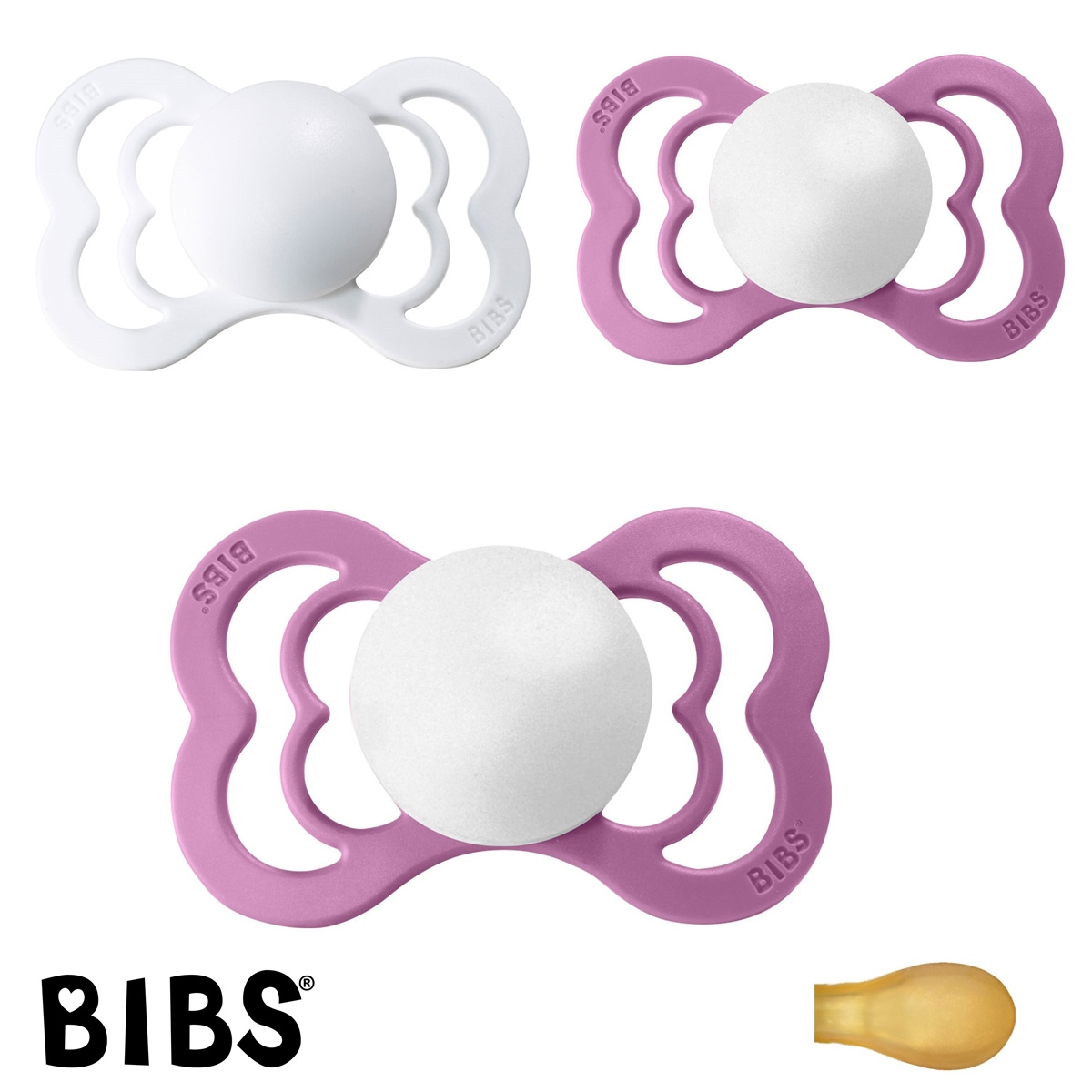 BIBS Supreme Sutter med navn, 2 Lavender, 1 White, Symmetrisk Latex str.2 Pakke med 3 sutter